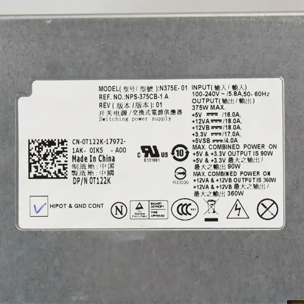 360w Server Power Supply for DELL PowerEdge T310 N375E-01 DP/N:0T122K
