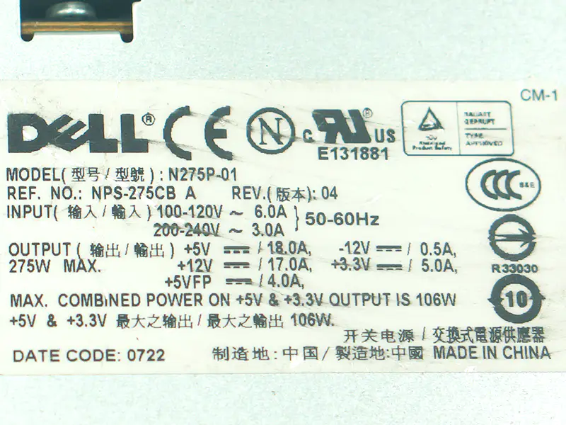 Dell N275P-00 L275E-01 Power Supply