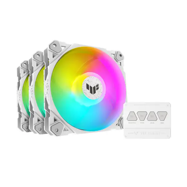 AsUs Tuf Gaming White Heroic Light Tf120 Chassis Fan 3 Pcs Argb Fan With Lighting Effect Controller Tuf Gaming Tf120 Argb 3in1